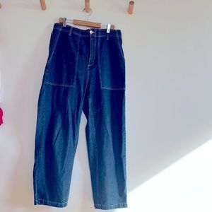 Brixton work jeans. Dark denim with white stitching.